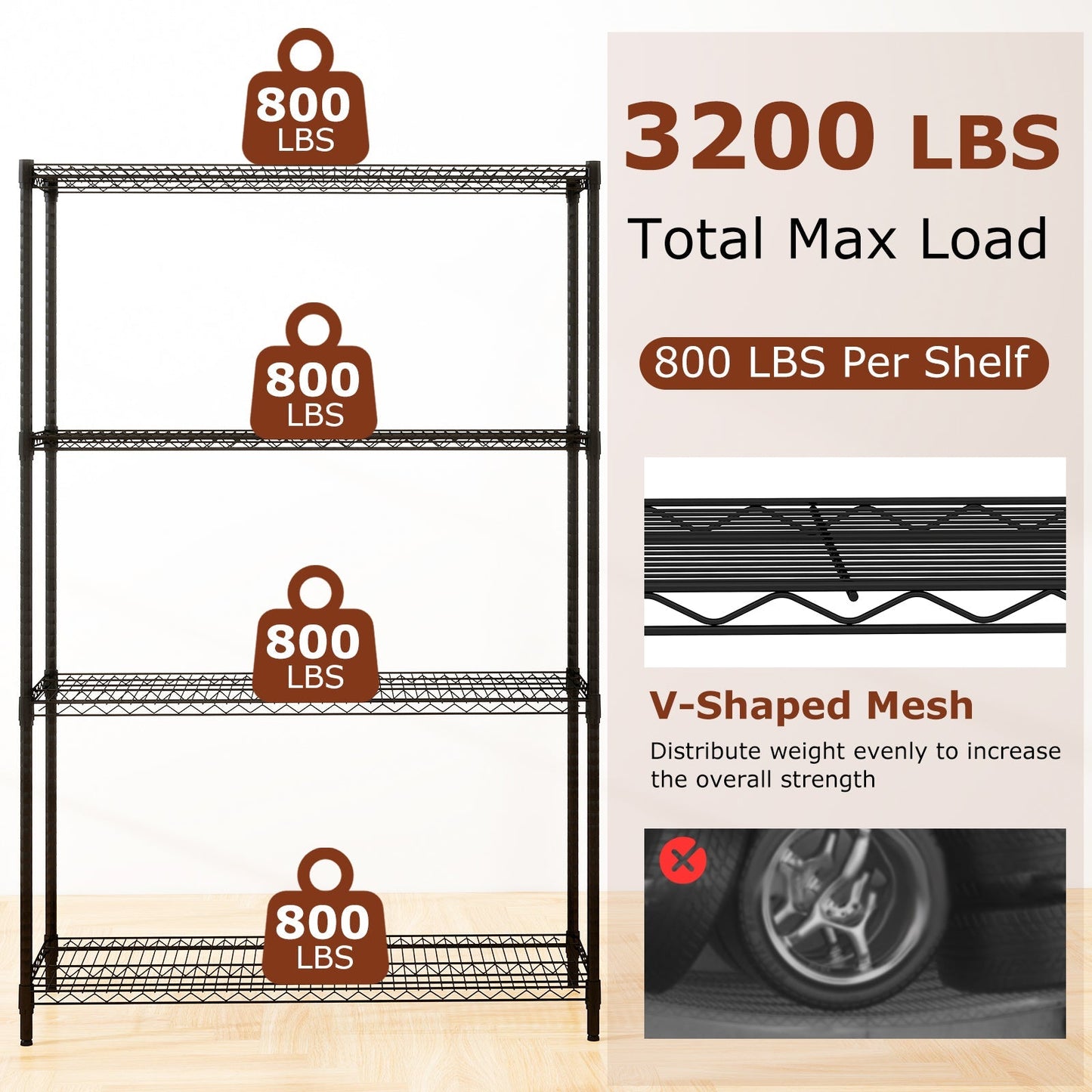 Set of 2 4-Tier Metal Storage Shelving Unit with V-Shaped Wire Rack-Black
