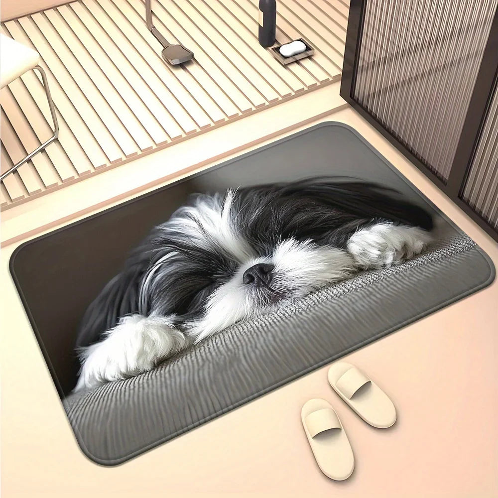 VIKAMA Cute Shih Tzu Doormat, Washable Pet Rug for Bedrooms, Living Rooms, and Entryways, Playful Design Small Dog Bed
