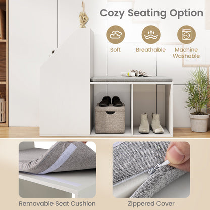 Shoe Storage Bench with Removable Seat Cushion and 6 Storage Compartments-White