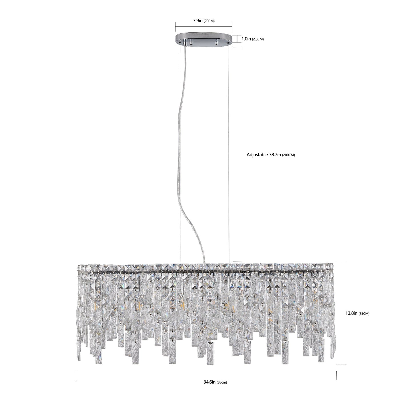 34.6" Oval K9 Crystal Chandelier | 6-Light Silver Modern Ceiling Light with Cascading Teardrop Crystals — Dining Room, Living Room & Bedroom