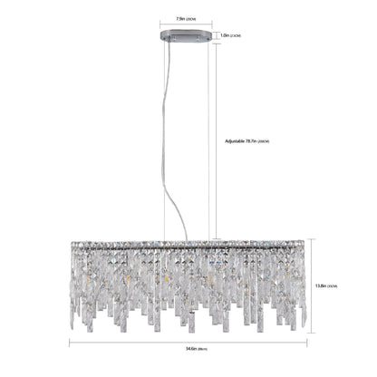 34.6" Oval K9 Crystal Chandelier | 6-Light Silver Modern Ceiling Light with Cascading Teardrop Crystals — Dining Room, Living Room & Bedroom