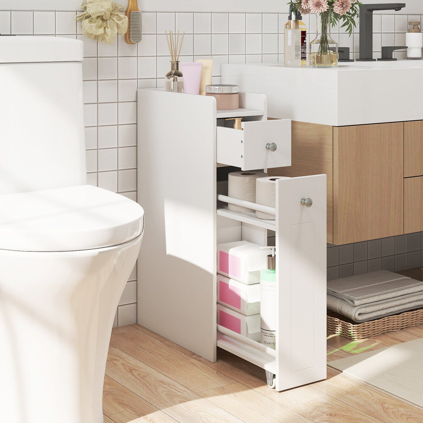 Small Bathroom Storage Cabinet 4-Tier with Slide Out Drawers on Casters
