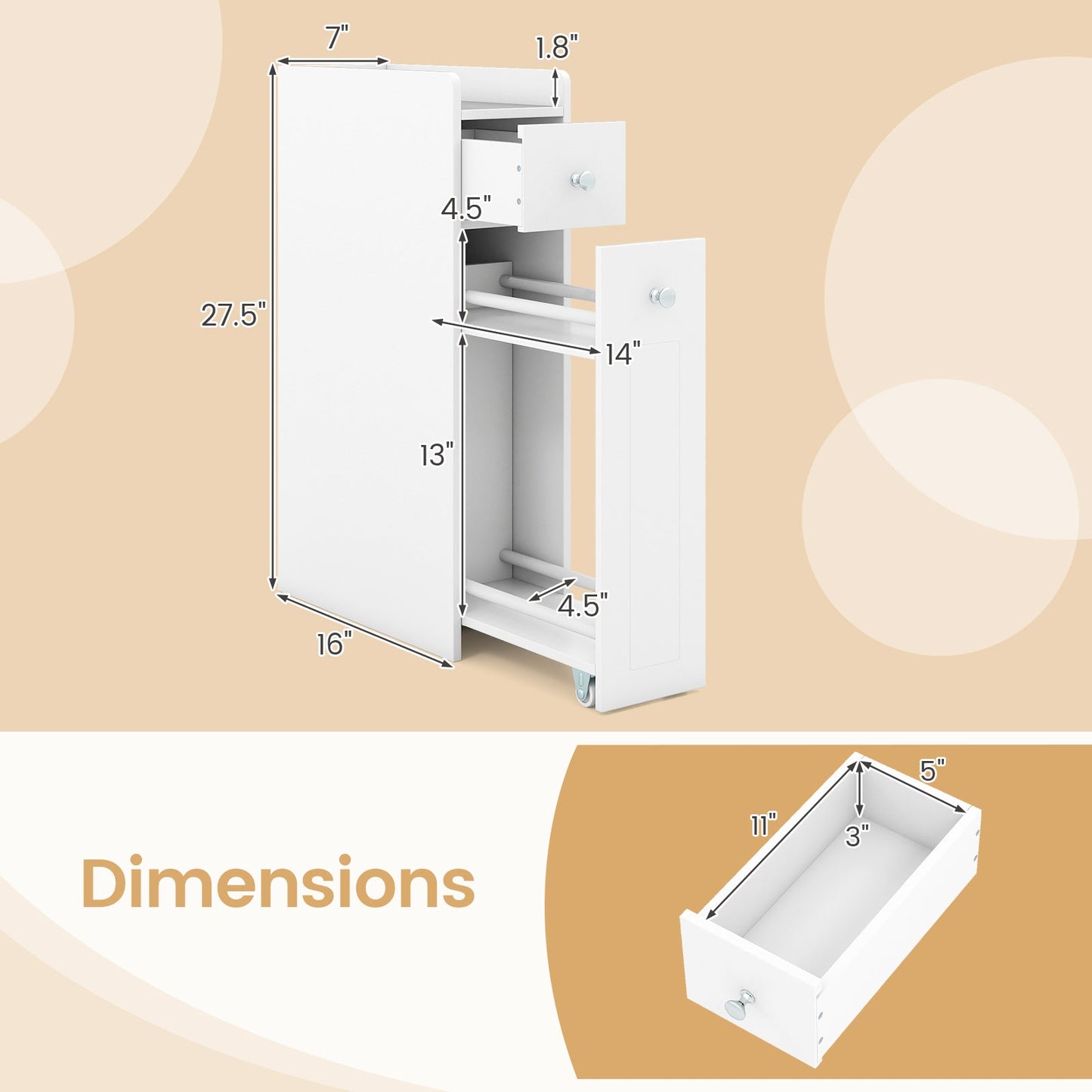 Small Bathroom Storage Cabinet 4-Tier with Slide Out Drawers on Casters