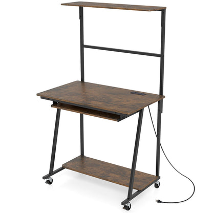 Small Computer Desk with Charging Station and LED Lights and Wheels