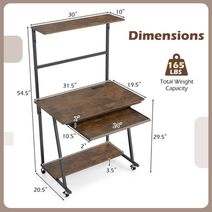 Small Computer Desk with Charging Station and LED Lights and Wheels