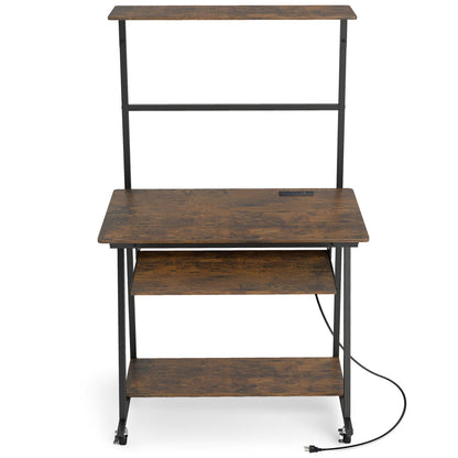 Small Computer Desk with Charging Station and LED Lights and Wheels