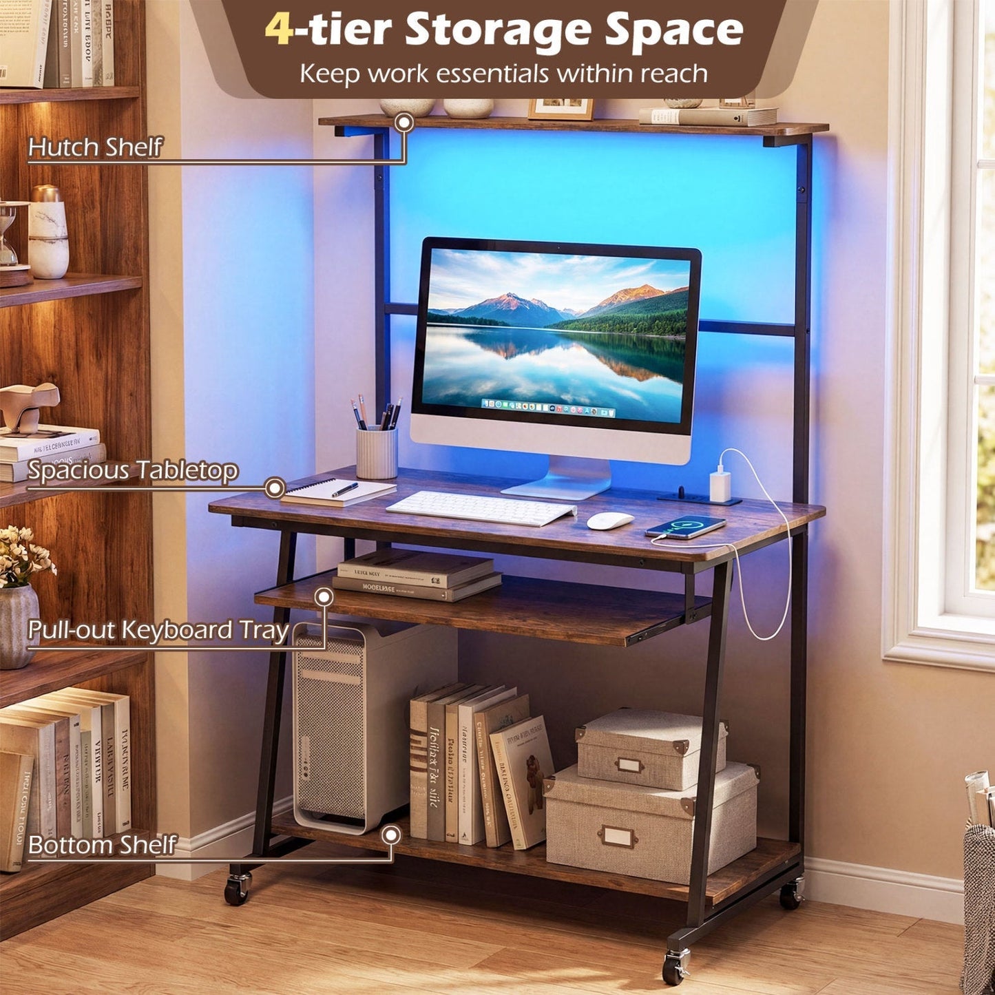 Small Computer Desk with Charging Station and LED Lights and Wheels