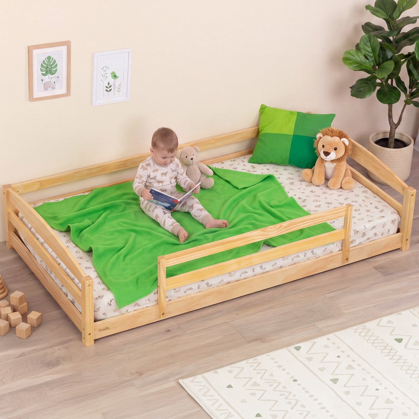 Twin Size Montessori-Inspired Floor Bed with Safety Guardrails for Kids