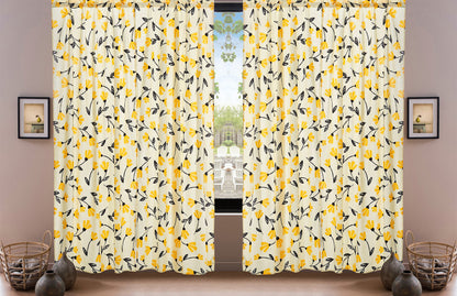 DaDa Bedding Set of 2 Botanical Floral Window Curtain Panels - Natural Semi Sheer Yellow Fleur Golden Orange Spring Time Tulips Straight Tailored Edge
