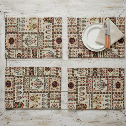 DaDalogy Bedding Set of 4-Pieces Light White Mughal Floral Botanical Cottage Fleur Tapestry Placemats 13” x 19” (18196)
