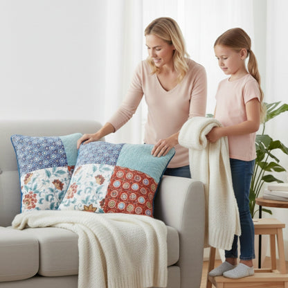 DaDa Bedding Set of 2-Pieces Bohemian Vibes Patchwork Floral Throw Pillow Covers, 18" x 18" (JHW878)