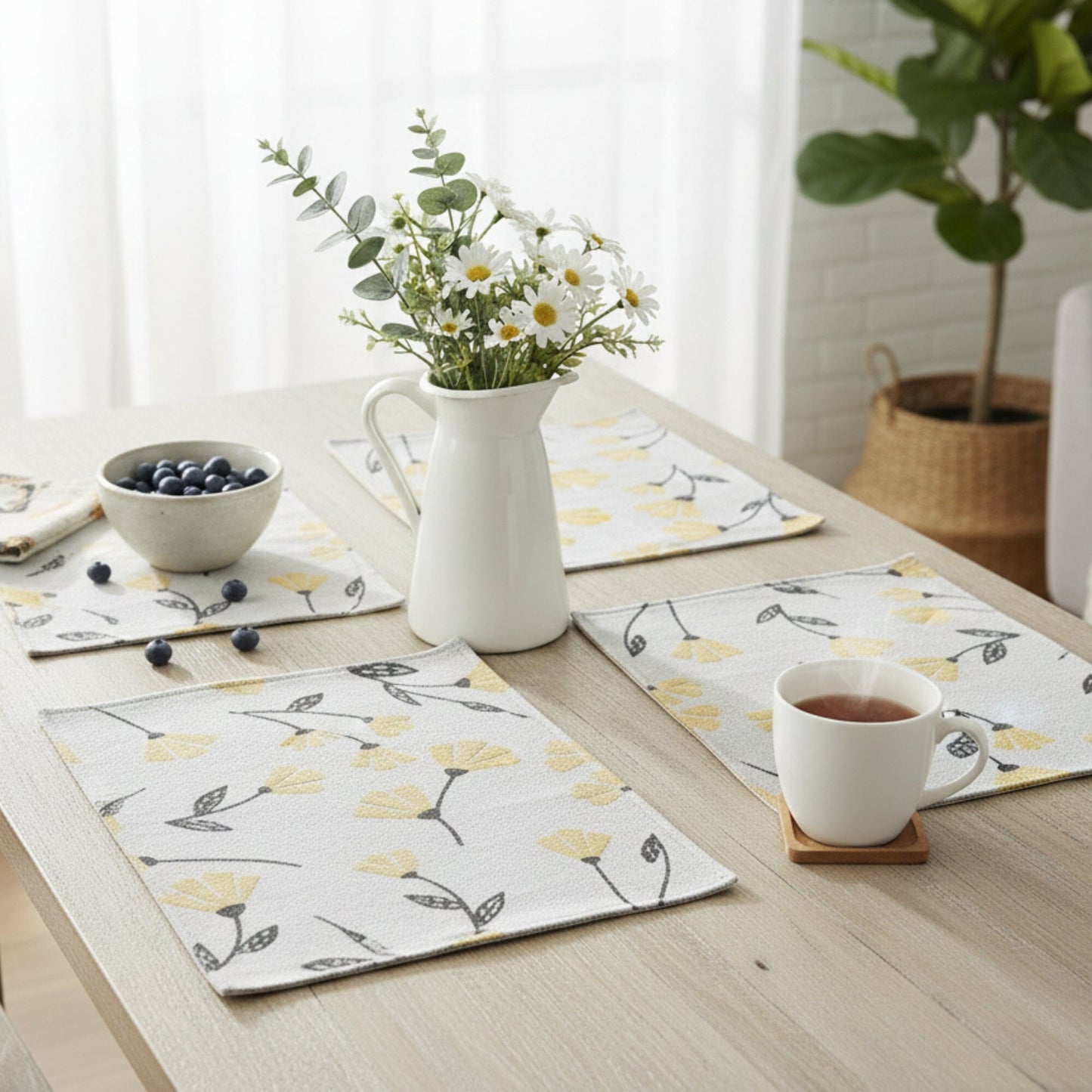 DaDa Bedding Set of 4-Pieces Sunshine Yellow Fleur Spring Tapestry Dining Table Placemats 13” x 19” (18112)