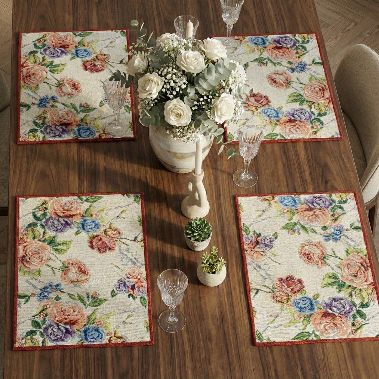 DaDa Bedding Set of 4-Pieces Vintage Romantic Roses Lovely Pink Floral Tapestry Placemats 13” x 19” (879)