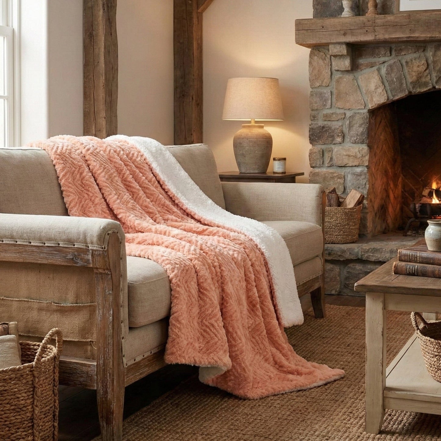 DaDa Bedding Coral Peach Rose Faux Fur Sherpa Throw Blanket