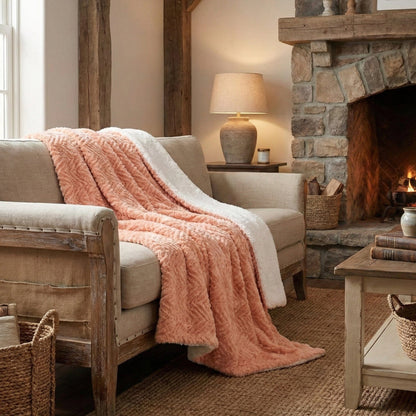DaDa Bedding Coral Peach Rose Faux Fur Sherpa Throw Blanket