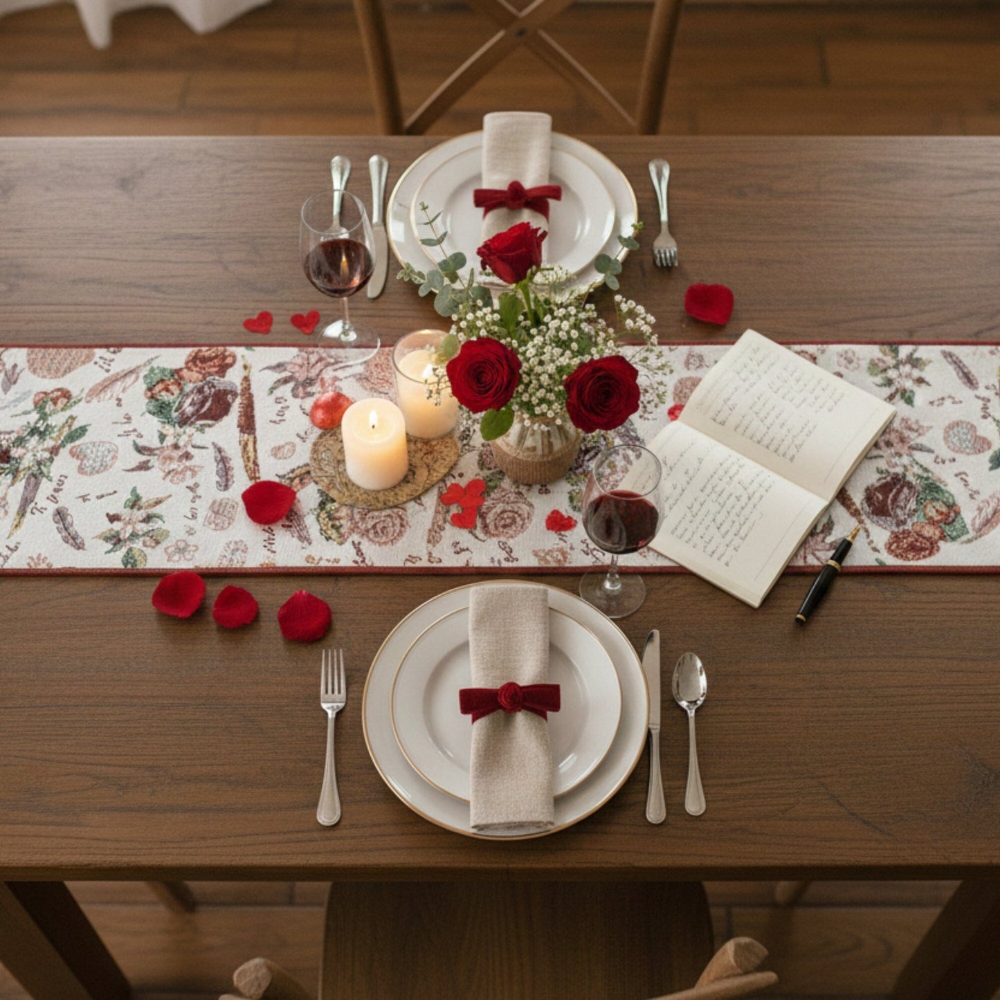 DaDa Bedding Sweet Heart Love Notes Pink Floral Woven Tapestry Dining Table Runner (18273)