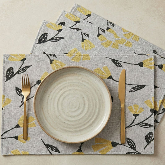DaDa Bedding Set of 4-Pieces Sunshine Yellow Fleur Spring Tapestry Dining Table Placemats 13” x 19” (18112)