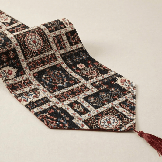 DaDalogy Bedding Elegant Woven Mughal Floral Tapestry Table Runner, Dark Noir Botanical Vintage Fleur (18197)