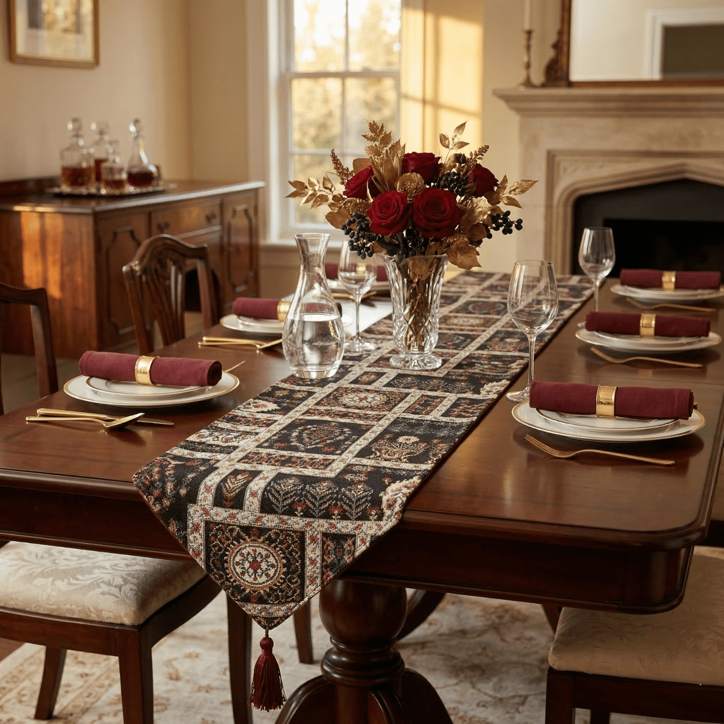 DaDalogy Bedding Elegant Woven Mughal Floral Tapestry Table Runner, Dark Noir Botanical Vintage Fleur (18197)