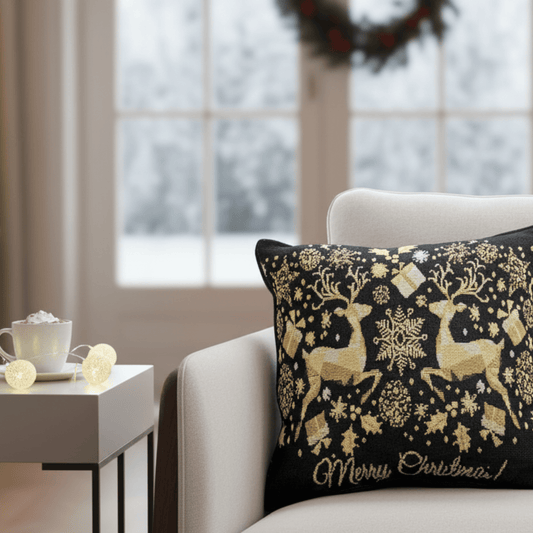 DaDa Bedding Magical Golden Reindeer Woven Tapestry Throw Pillow Covers 16" x 16"