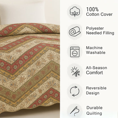 DaDa Bedding Cranberry Sage Floral Chevron Quilt Set - Lightweight Bedspread