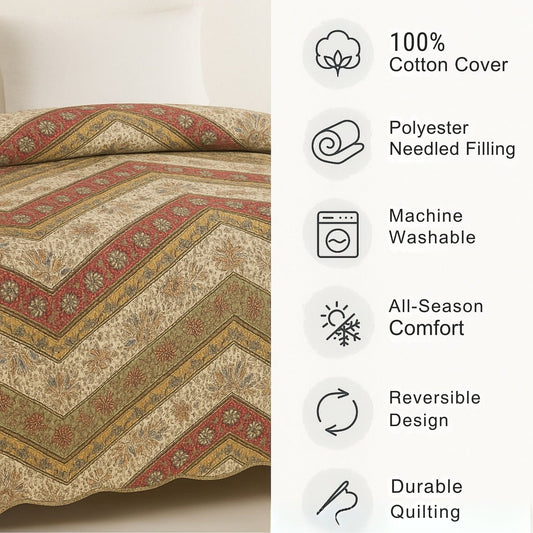 DaDa Bedding Cranberry Sage Floral Chevron Quilt Set - Lightweight Bedspread