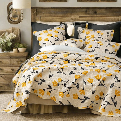 DaDa Bedding Yellow Fleur Floral Quilt Set - Ivory Gold Bedspread