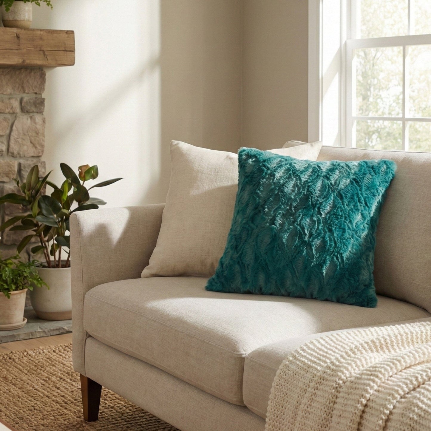 DaDa Bedding Emerald Green Blue Faux Fur Pillow Cover
