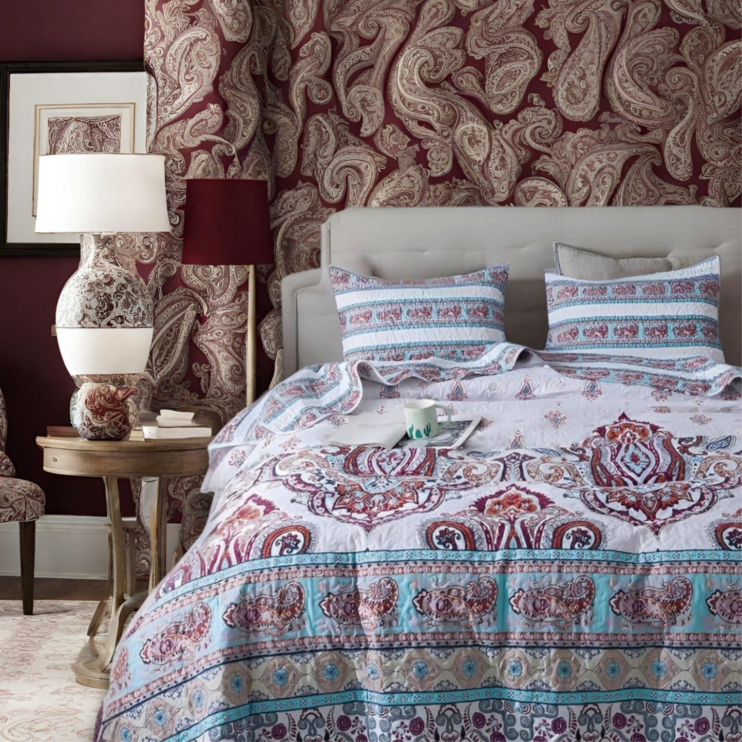 DaDa Bedding White Blue Floral Paisley Quilt Set
