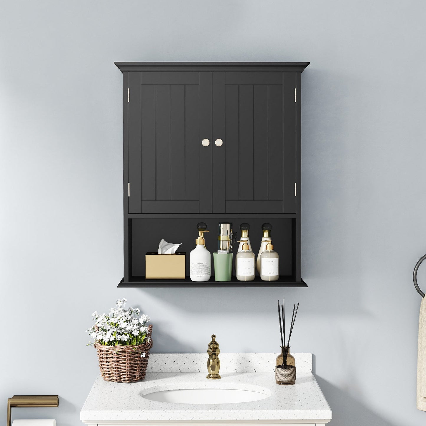 Wall Mount Bathroom Cabinet Storage Organizer with Doors and Shelves