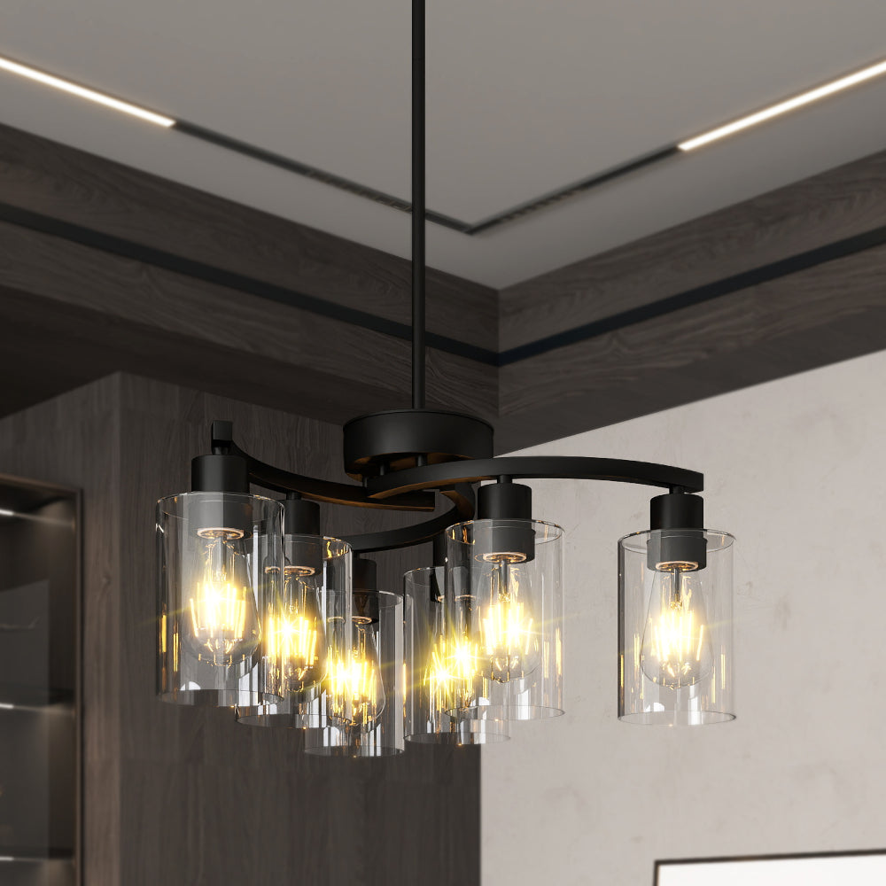 6/9-Light Modern Farmhouse Chandelier | Black, Chrome or Gold with Clear Glass Shades — Adjustable Height, Dimmable, Dining Room & Kitchen Island