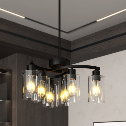 6/9-Light Modern Farmhouse Chandelier | Black, Chrome or Gold with Clear Glass Shades — Adjustable Height, Dimmable, Dining Room & Kitchen Island