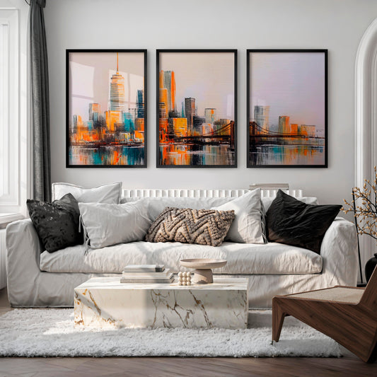 Abstract Cityscape Painting - 3 Piece Modern Skyline Triptych Wall Art