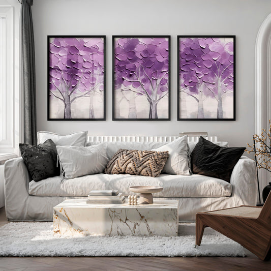 Abstract Forest Wall Art Triptych - Purple Textured Tree Painting