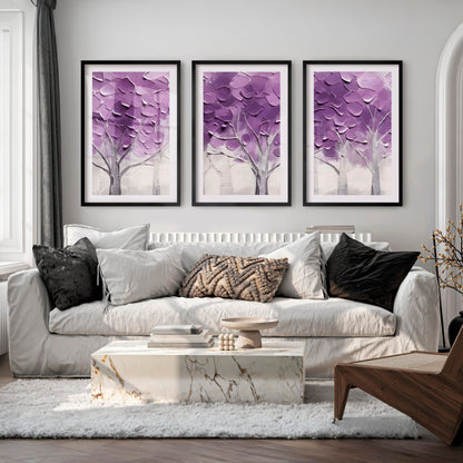 Abstract Forest Wall Art Triptych - Purple Textured Tree Painting