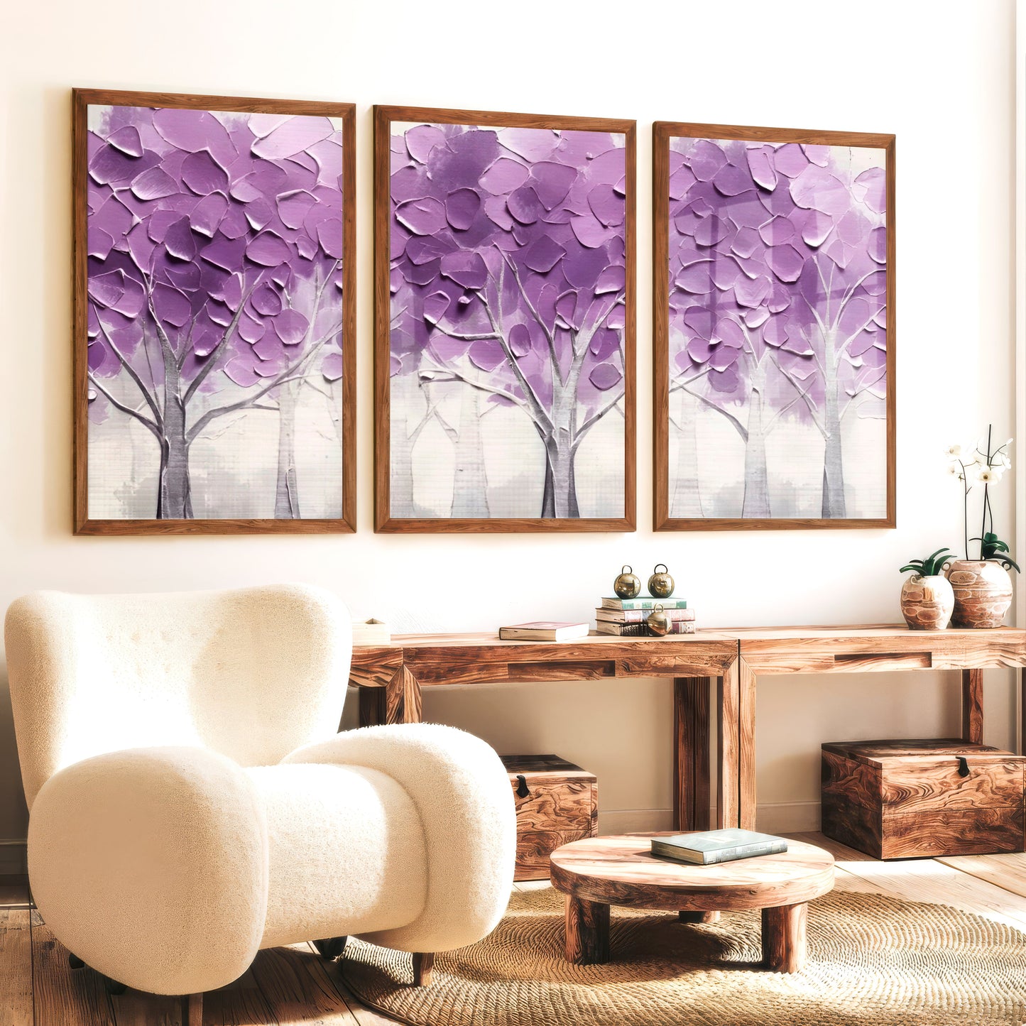 Abstract Forest Wall Art Triptych - Purple Textured Tree Painting