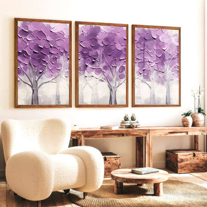 Abstract Forest Wall Art Triptych - Purple Textured Tree Painting
