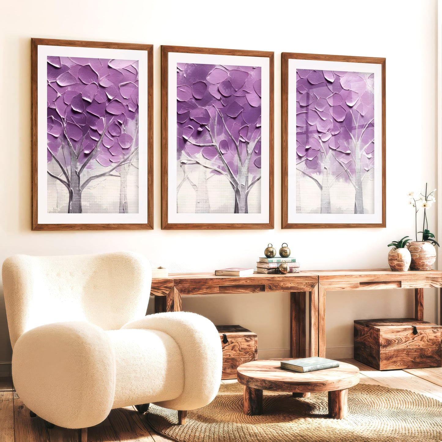 Abstract Forest Wall Art Triptych - Purple Textured Tree Painting