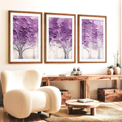 Abstract Forest Wall Art Triptych - Purple Textured Tree Painting