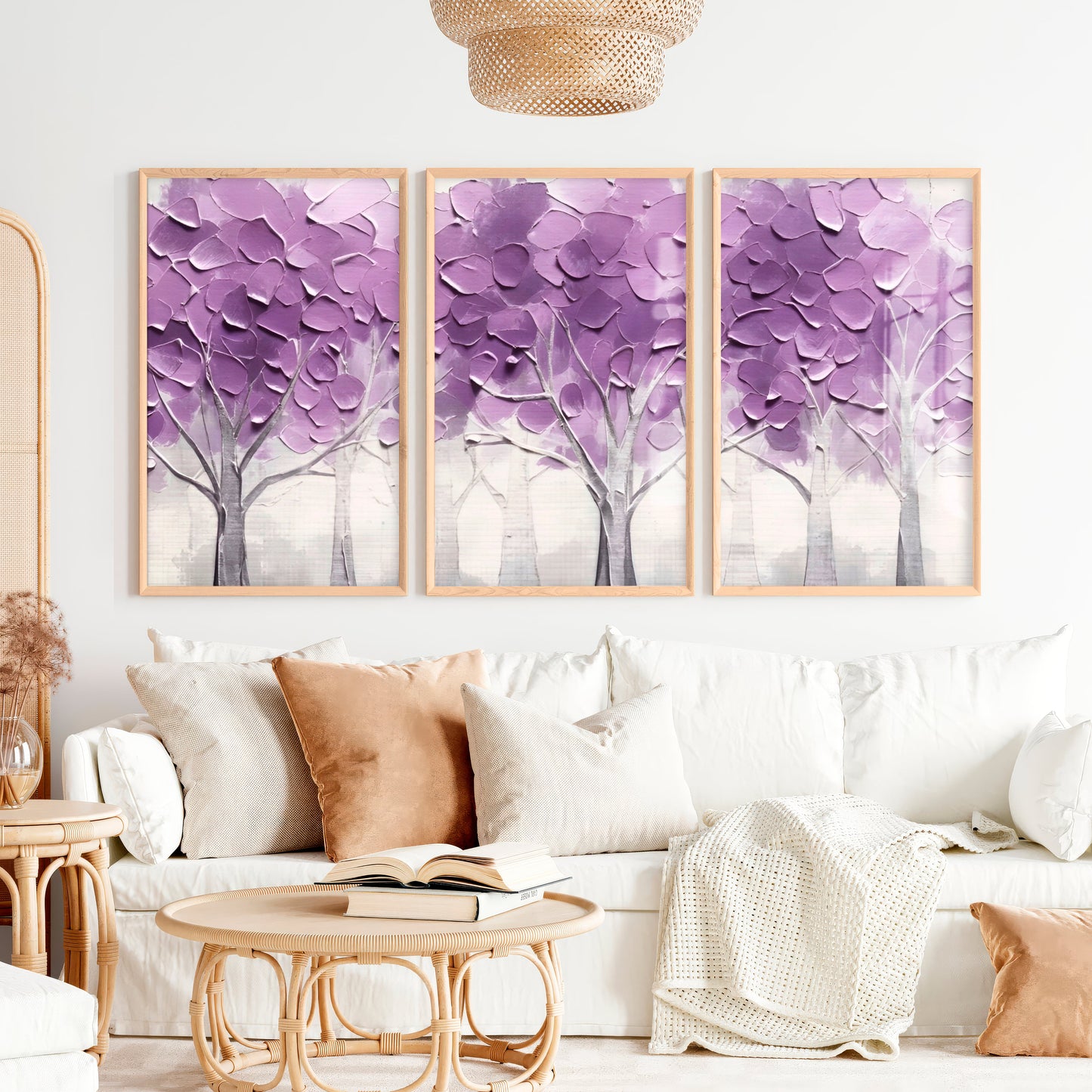 Abstract Forest Wall Art Triptych - Purple Textured Tree Painting