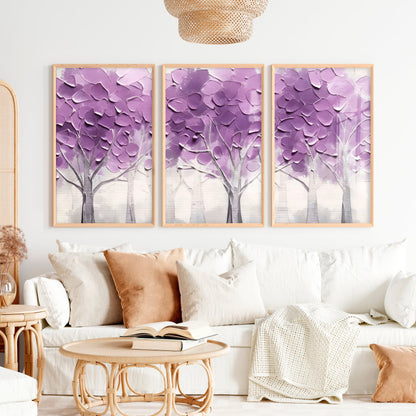 Abstract Forest Wall Art Triptych - Purple Textured Tree Painting