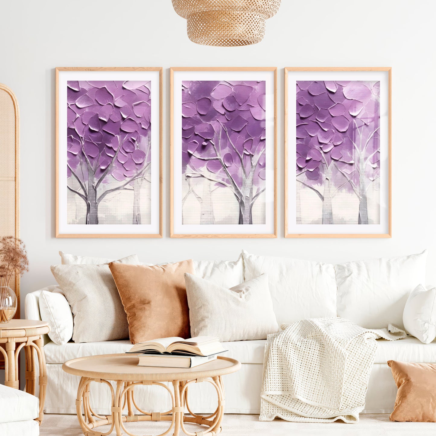 Abstract Forest Wall Art Triptych - Purple Textured Tree Painting