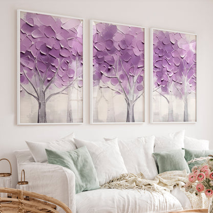 Abstract Forest Wall Art Triptych - Purple Textured Tree Painting