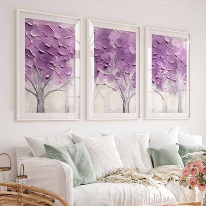 Abstract Forest Wall Art Triptych - Purple Textured Tree Painting