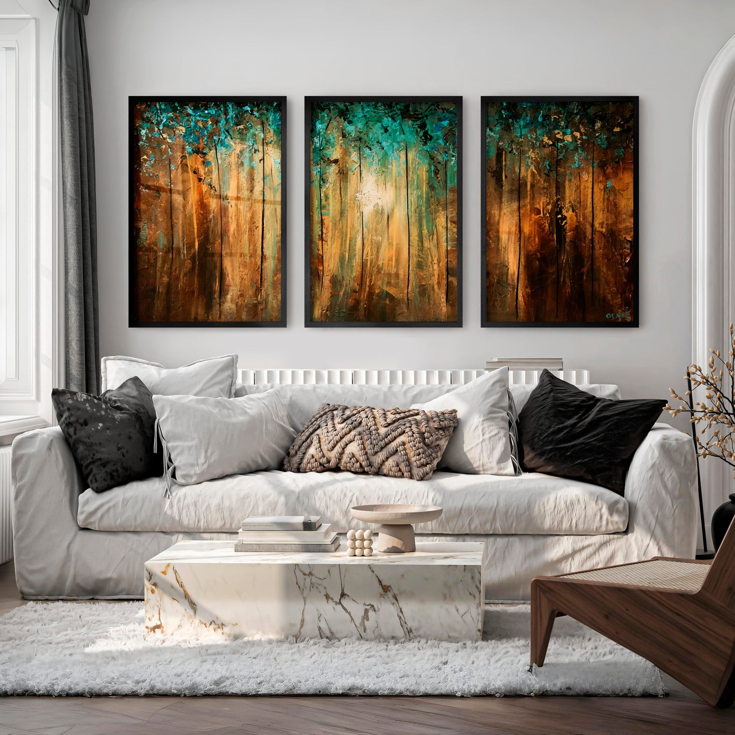 Abstract Gold Wall Art - Textured Forest Triptych Painting