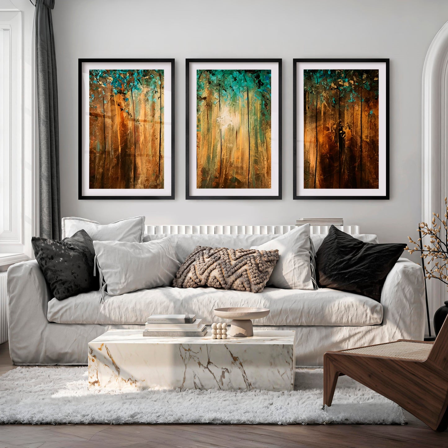 Abstract Gold Wall Art - Textured Forest Triptych Painting