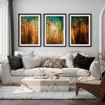 Abstract Gold Wall Art - Textured Forest Triptych Painting
