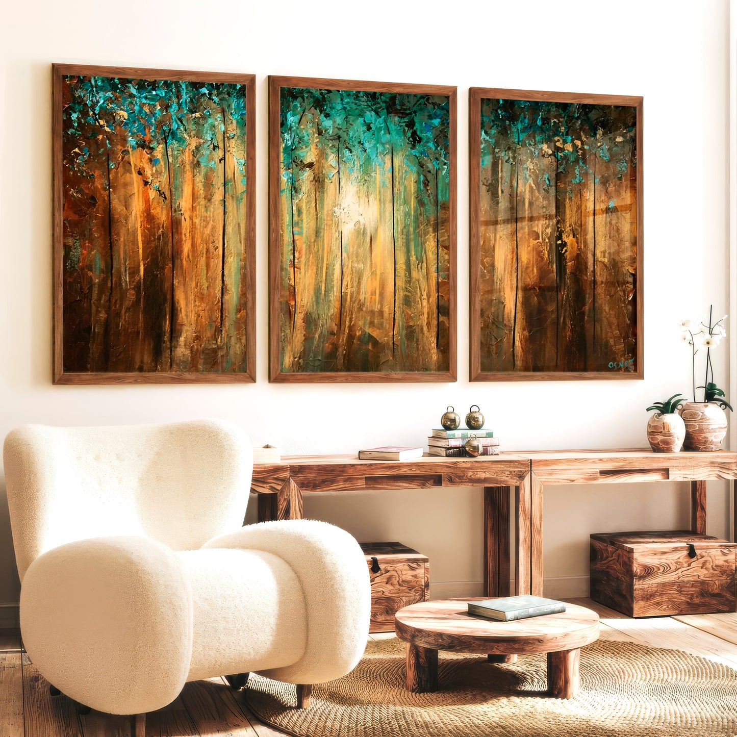 Abstract Gold Wall Art - Textured Forest Triptych Painting