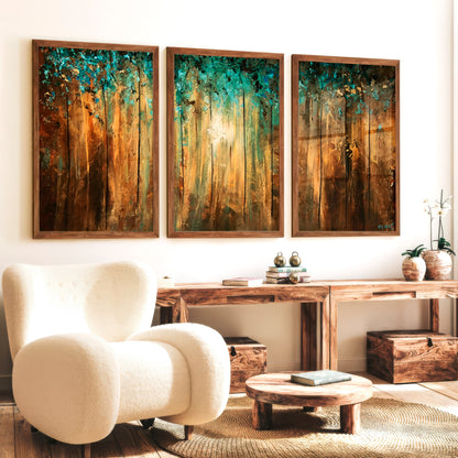Abstract Gold Wall Art - Textured Forest Triptych Painting