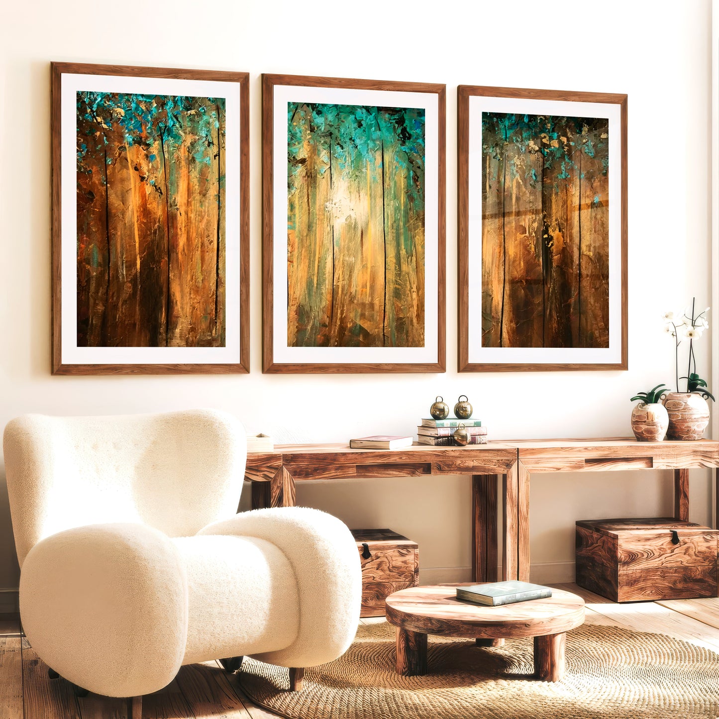 Abstract Gold Wall Art - Textured Forest Triptych Painting